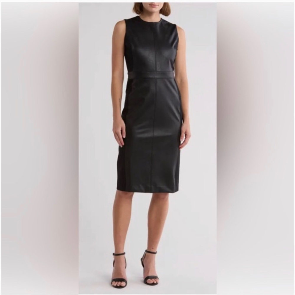 Spanx luxe black faux Leather stretch ponte knit bodycon style Dress